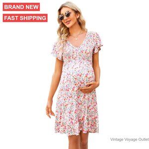 Maternity Smocked Long Sleeve Ruffle Midi Dress for Baby Shower Photoshoot